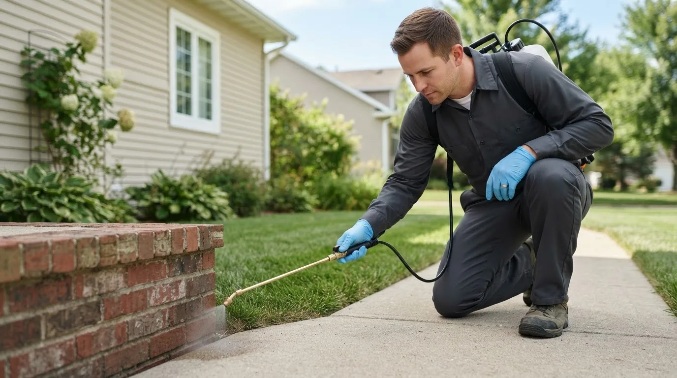 Pest control technician treating a home near Lambert, MT